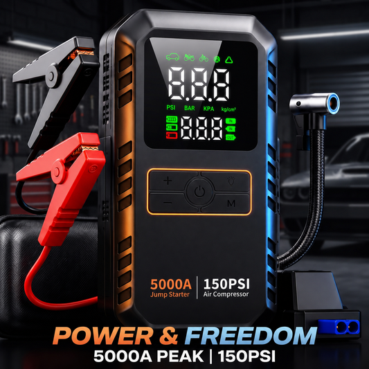 4-in-1 Portable Jump Starter with Air Compressor – 5000A Peak, 150PSI Tire Inflator & Power Bank