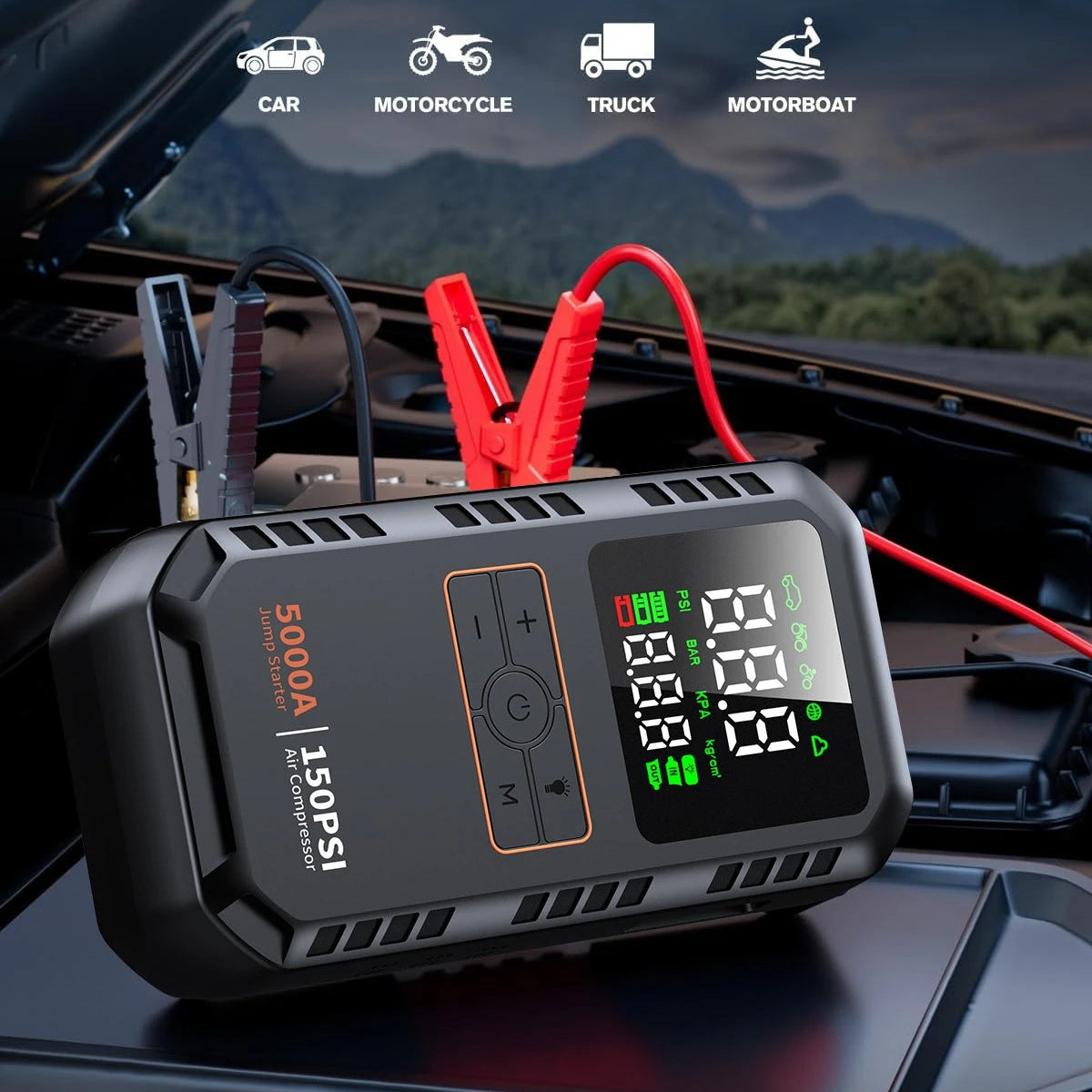4-IN-1 Car Jump Starter with Air Compressor Peak 5000A Auto Battery Booster 150PSI Air Pump Portable Power Bank Tire Inflator